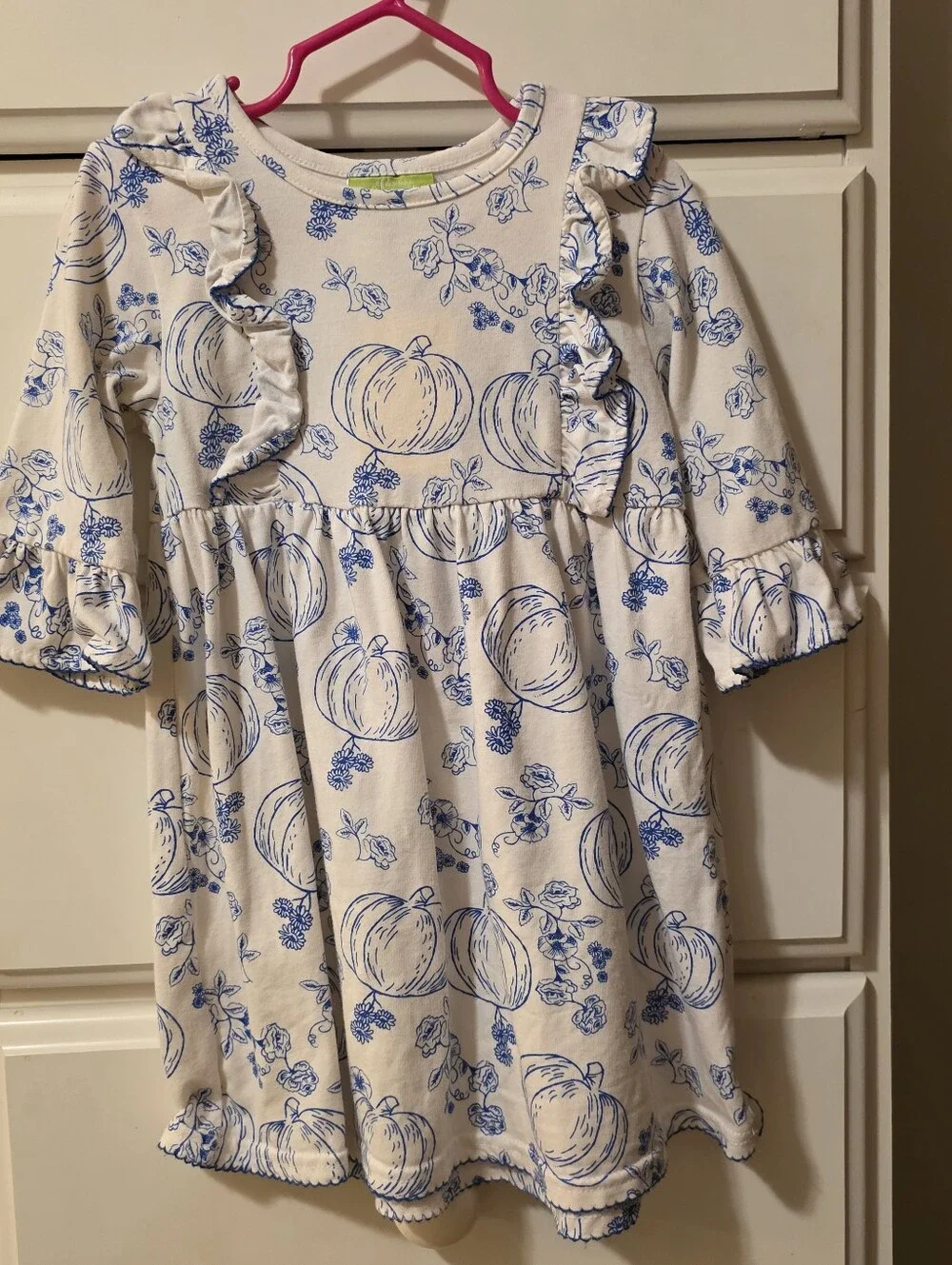 Classic Whimsey Toddler Girls' Cream Dress with Blue Pumpkin Print -